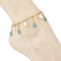 Ocean Dyed Synthetic Turquoise Starfish and Shell Pearl Tassel Anklets&nbsp;AJEW-AN00861
