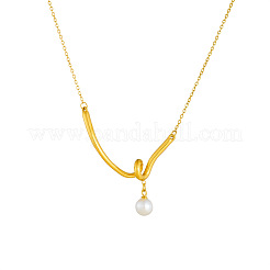 304 Stainless Steel Spiral V Shaped Imitation Pearl Round Pendant Necklaces for Women&nbsp;WGD36F5-01