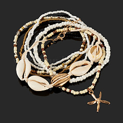 2 Bags Summer Beach Glass Seed Beaded & Natural Shell & Alloy Starfish Charm Anklet Sets&nbsp;AJEW-TA0003-69F