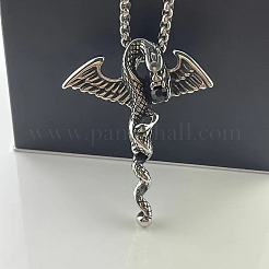 Vintage 304 Stainless Steel Jet Rhinestone Winged Dragon Pendant Punk Hip-hop Necklaces for Men&nbsp;IL6060