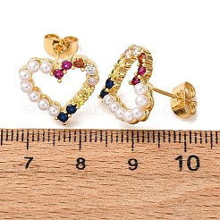 Brass Micro Pave Cubic Zirconia Heart Stud Earrings&nbsp;EJEW-K267-32G