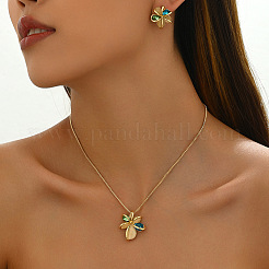 Flower Brass & Cubic Zirconia & Cat Eye Pendant Necklaces & Stud Earrings Sets&nbsp;FS-WG756F6-01
