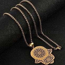 201 Stainless Steel Hollow Religion Hamsa Hand Pendant Necklaces&nbsp;NJEW-M086-01G