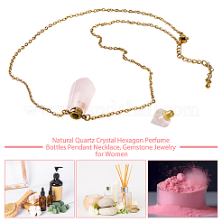 1Pc Natural Rose Quartz Faceted Hexagonal Prism Perfume Bottle Pendant Necklaces&nbsp;NJEW-FH0001-17G-01