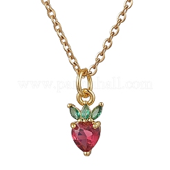 Strawberry Brass Crimson Cubic Zirconia Pendant Necklaces&nbsp;NJEW-JN05148-01