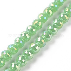 Electroplate Opaque Solid Color Glass Beads Strands, AB Color Plated, Faceted(96 Facets), Round, Light Green, 5~6mm, Hole: 1~1.2mm, about 95pcs/strand, 20.87''(53cm)