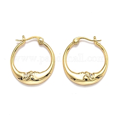 Brass Micro Pave Clear Cubic Zirconia Hoop Earrings, Ring with Moon, Real 18K Gold Plated, 22x19.5x3mm, Pin: 0.7mm