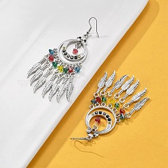 Ring & Feather Alloy & Glass Chandelier Earrings&nbsp;EJEW-G426-01AS