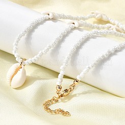 Natural Cowrie Shell Pendant ABS Plastic Starfish Round Beaded Necklaces with 304 Stainless Steel End Chains&nbsp;NJEW-F356-01G