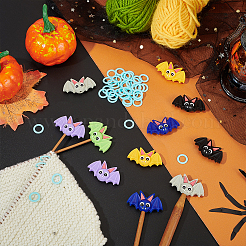 12Pcs 6 Colors Bat Halloween Theme Silicone Focal Beads with 50Pcs Plastic Knitting Stitch Marker Rings&nbsp;SIL-BC0001-11