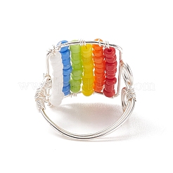 Glass Bead Braided Rectangle Open Cuff Ring&nbsp;RJEW-JR00489