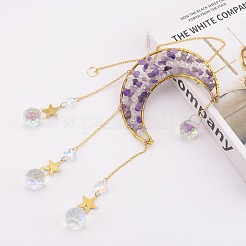 Copper Wire Wrapped Natural Amethyst Chips Moon Suncatcher&nbsp;HJEW-H065-02G-02
