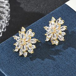 Snowflake Brass & Clear Cubic Zirconia Stud Earrings&nbsp;KK-CBA36A2-04G