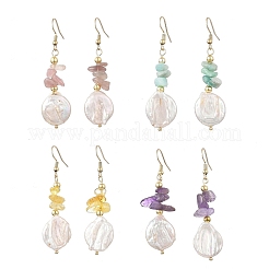 Natural Citrine/Natural Amethyst/Natural Rose Quartz/Natural Amazonite Chip & Natural Keshi Pearl Dangle Earrings&nbsp;EJEW-JE07445