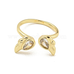 Rack Plated Brass Micro Pave Cubic Zirconia Teardrop with Wing Open Cuff Rings for Women&nbsp;RJEW-Z039-12G