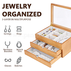 3-Tier Pine Wood Jewelry Storage Drawer Boxes with Visible Window&nbsp;CON-WH0095-222