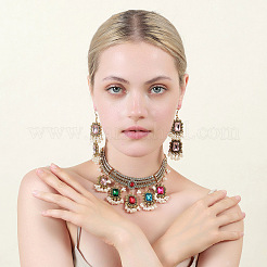 Rectangle Alloy Glass Choker Necklace & Earrings Sets for Women&nbsp;FS-WG507E8-06