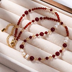 Natural Carnelian(Dyed & Heated) & Rhodochrosite & Freshwater Pearl & Glass Beaded Necklaces&nbsp;NJEW-U026-24G