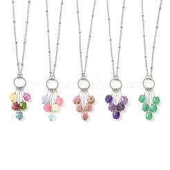 Natural Mixed Gemstone Faceted Cube Beaded Tassel Pendant 304 Stainless Steel Satellite Chain Necklaces for Women&nbsp;NJEW-JN06448