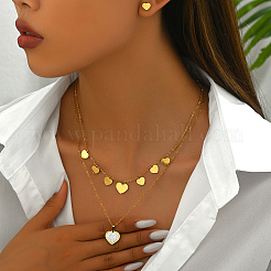 Elegant Vintage Stainless Steel Rhinestone Heart-shaped Stud Earrings & Double-layer Necklace Sets for Women&nbsp;AW6006