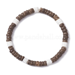Natural Coconut & White Shell Flat Round Beads Stretch Bracelets for Women&nbsp;BJEW-JB12460-02