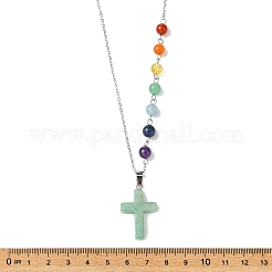 Chakra Natural Green Aventurine Religion Cross Pendant 304 Stainless Steel Cable Chain Necklaces for Women&nbsp;NJEW-JN06268-01