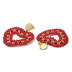 Woven Glass Beaded Heart Dangle Stud Earrings&nbsp;EJEW-A105-09G