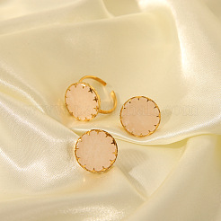 Flat Round Natural Rose Quartz Cuff Ring & Stud Earrings Sets&nbsp;MO9107-1