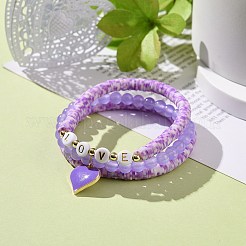 3Pcs 3 Style Natural Dyed Malaysia Jade & Acrylic Word Love Beaded Stretch Bracelets Set with Alloy Enamel Heart Charms&nbsp;BJEW-JB08924-04