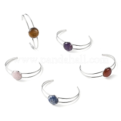 Natural Mixed Stone Flat Round 304 Stainless Steel Cuff Bangles for Women&nbsp;BJEW-JB14352-02