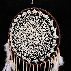 Handmade Round Cotton Woven Net/Web with Feather Wall Hanging Decoration&nbsp;HJEW-G015-02A