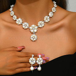 Flower Alloy Crystal Rhinestone & Plastic Pearl Link Chain Necklaces & Stud Dangle Earrings Sets&nbsp;FS-WGC22CC-02