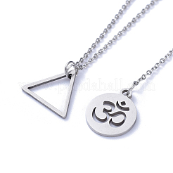 Non-Tarnish Flat Round with Om Symbol Lariat Necklaces & Triangle Pendant Necklaces Sets&nbsp;NJEW-JN02805-02
