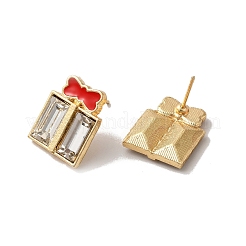 Christmas Enamel Bowknot Gift Box Alloy Glass Stud Earrings for Women&nbsp;EJEW-E284-07LG