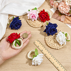 8Pcs 4 Colors Hemp Rope & Polyester Rose Flower Napkin Rings&nbsp;AJEW-MA0001-22