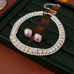 Square Brass with Rhinestone Chain Necklace & Stud Earring&nbsp;WG5A820-04