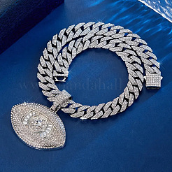 Zinc Alloy Full Crystal Rhinestone Evil Eye Pendant Cuban Link Chain Necklaces for Men&nbsp;FS-WG83416-01