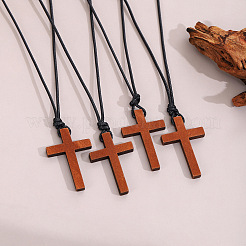 Adjustable Wood Religion Cross Pendant Black Waxed Cord Necklaces for Women Men&nbsp;FS-WGC7380-01