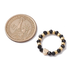 Glass Stretch Rings with Golden Plated Heart Brass Beads&nbsp;RJEW-JR00660-01