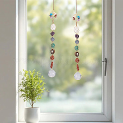 2Pcs Gemstone Chip Copper Wire Wrapped Tree of Life and Glass Chakra Hanging Ornaments&nbsp;PALLOY-TAC0252