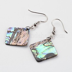 Rhombus Platinum Tone Brass Natural Paua Shell Dangle Earrings&nbsp;EJEW-M060-05-01