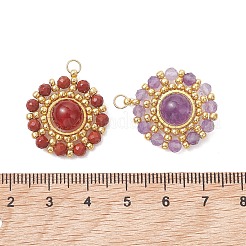 Natural Mixed Gemstone Faceted Round & Gold Glass Seed Beaded Pendants&nbsp;PALLOY-MZ01323