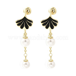 Ginkgo Leaf Brass Enamel & Plastic Imitation Pearl Dangle Stud Earrings&nbsp;EJEW-A121-01G