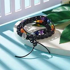 2-Loop Round Natural Mixed Stone Braided Wrap Bracelet with Tree of Life Alloy Charm&nbsp;BJEW-JB07871