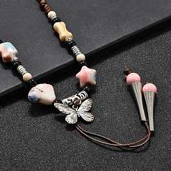 Ethnic Style Alloy & Porcelain Ceramic Beads Butterfly Pendant Tassel Y Necklaces&nbsp;LS-NJEW-D308-01C