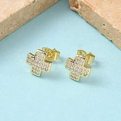 Cross Brass Micro Pave Clear Cubic Zirconia Stud Earrings&nbsp;EJEW-Z144-18G