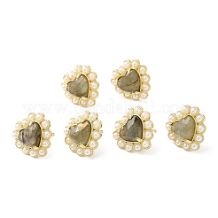 Ion Plating(IP) Natural Labradorite Heart Stud Earrings with Plastic Pearl Beaded&nbsp;EJEW-E599-02G-01