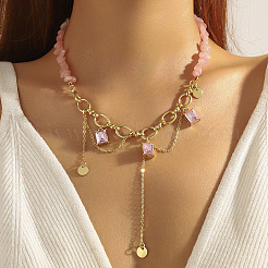 Natural Rose Quartz Chip Beaded Necklaces with Alloy Glass Rectangle Charms&nbsp;WGDF26A-08