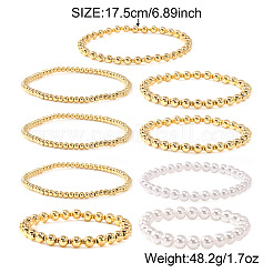 9Pcs Brass & Plastic Imitation Pearl Round Beads Stretch Bracelets for Women&nbsp;QZ7460-1