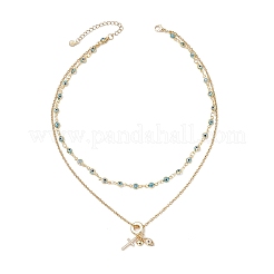 Brass Pave Clear Cubic Zirconia Cross Heart Evil Eye Pendant Handmade Evil Eye Lampwork 304 Stainless Steel Chain Double Layer Necklaces for Women&nbsp;NJEW-JN05398-02